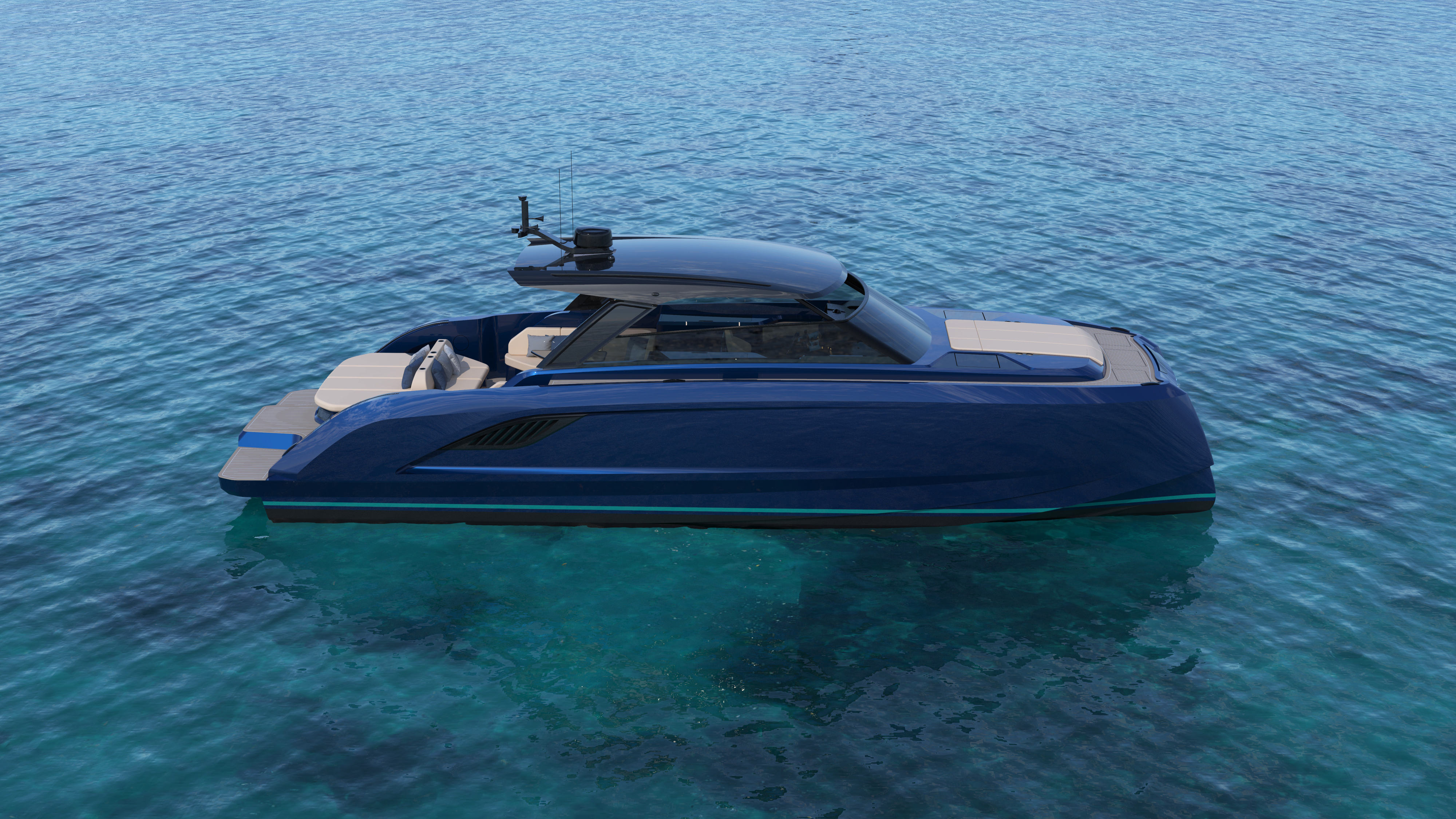 VYBE 43 from above — twin asymmetrical V hull in turquoise water