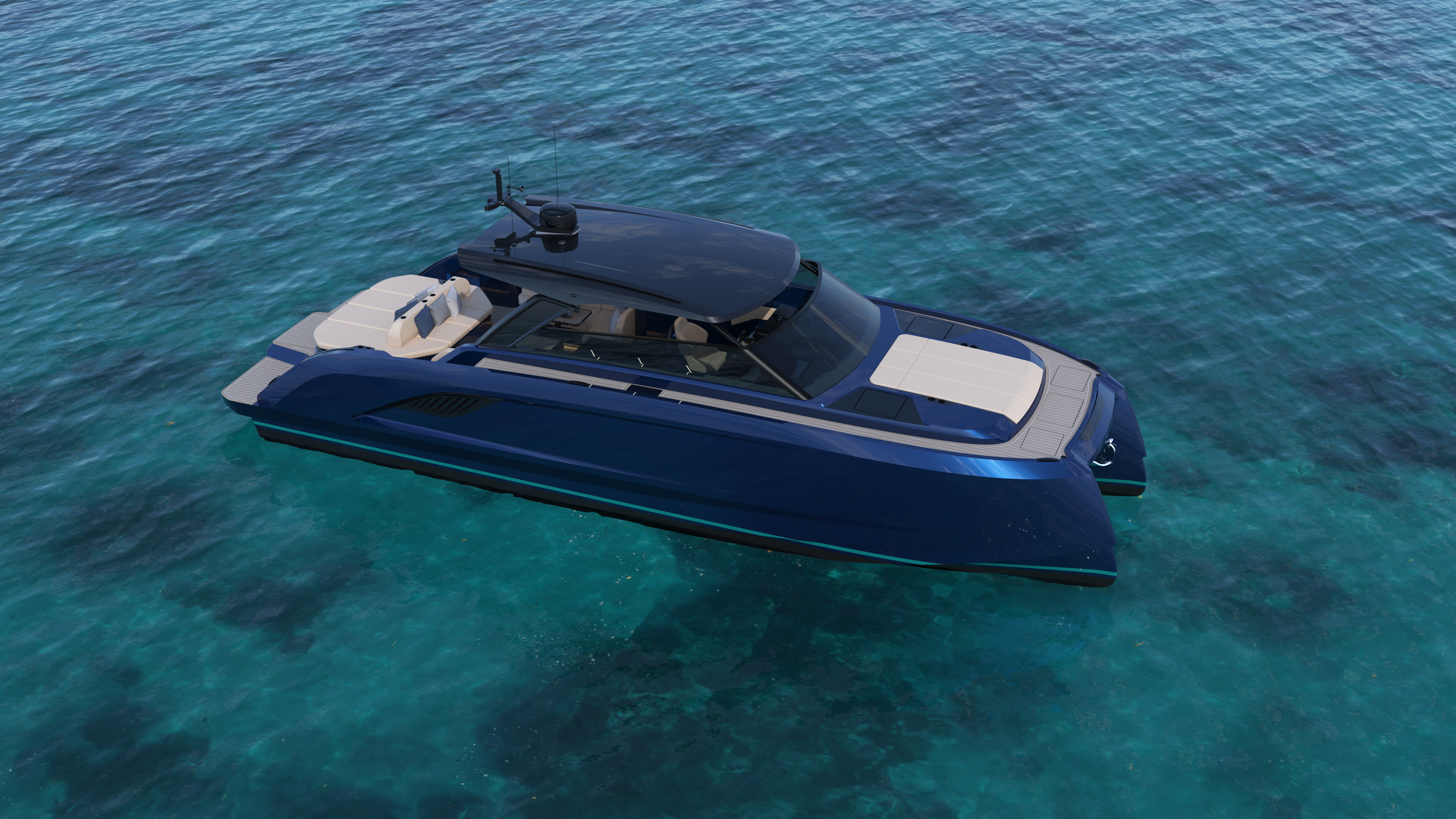 VYBE 43 hull profile showing twin asymmetrical V geometry