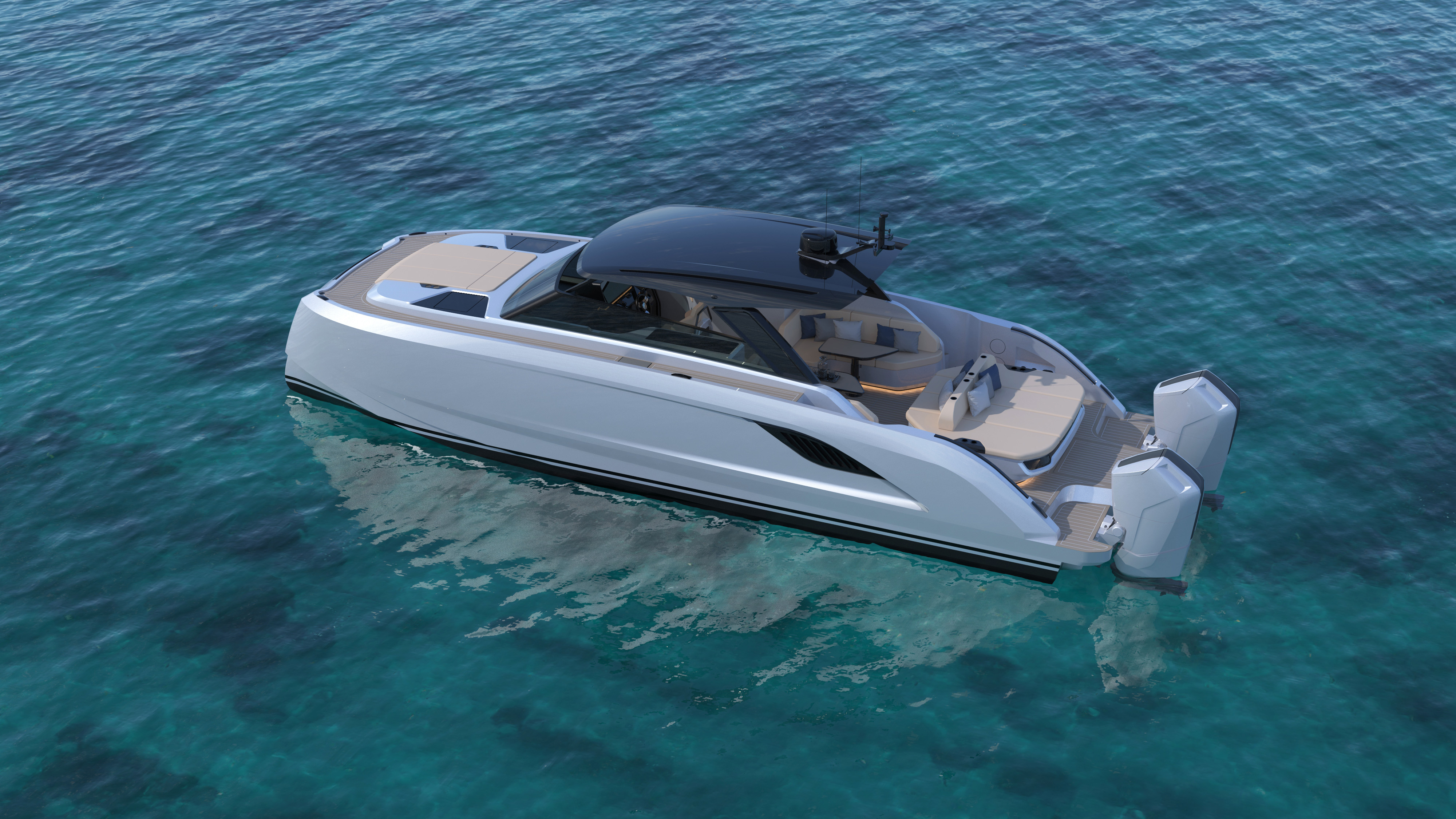 VYBE 43 cockpit set for lunch with Mediterranean backdrop