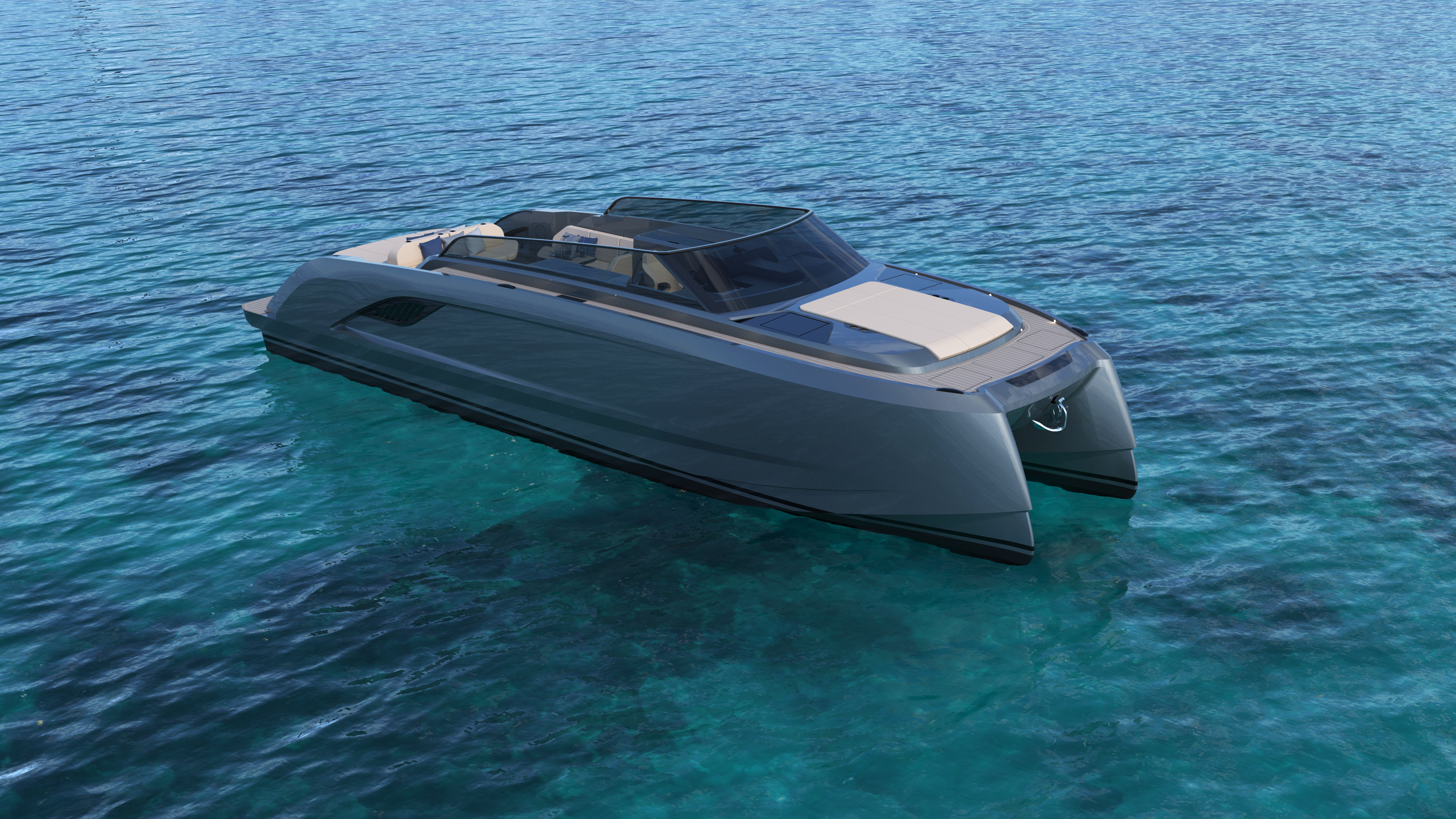 View from VYBE 43 cockpit across turquoise water to granite coastline