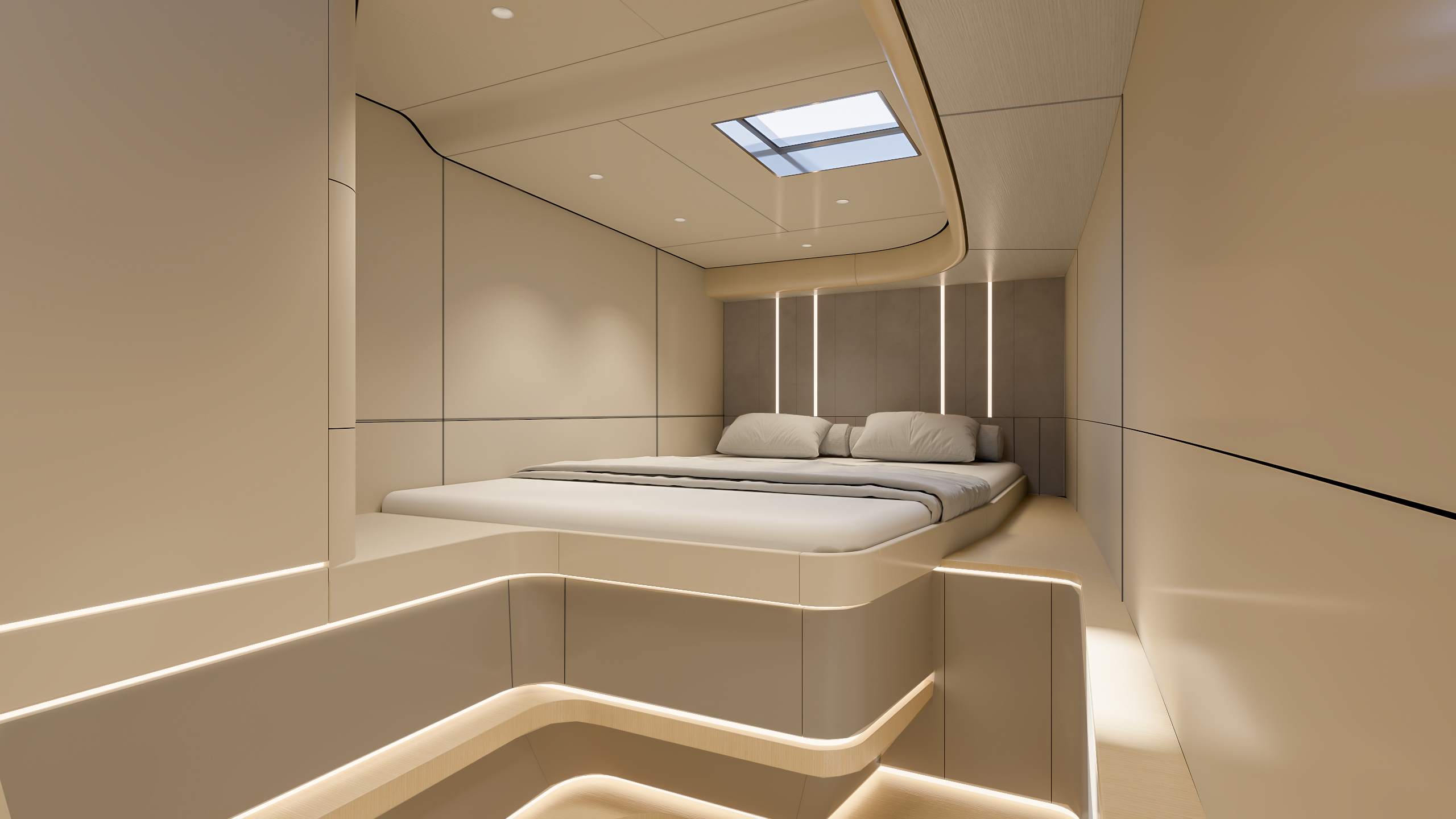 VYBE 43 forward cabin bathed in morning light through hull windows